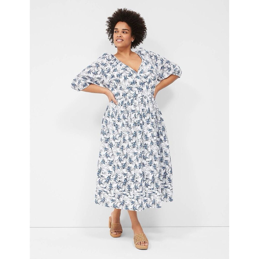 Lane Bryant Surplice-Neck Midi Sundress (Plus Sz 14) Puff Sleeve Pleat Detail